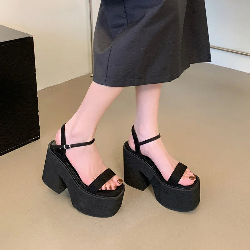 11CM Chunky Heel Waterproof Platform Platform Suede Peep Toe Shoes - VAleG