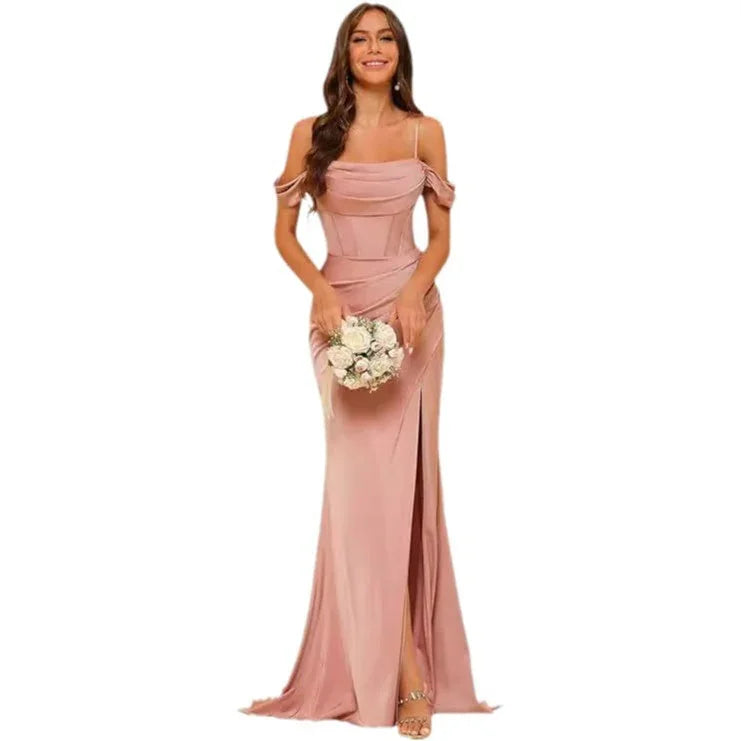 Off-the-shoulder Satin Bridesmaid Corset Ball Gown - VAleG