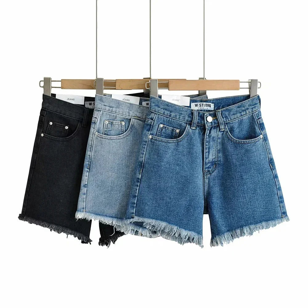 High Waist Slimming Frayed Hand Frayed Denim Shorts - VAleG