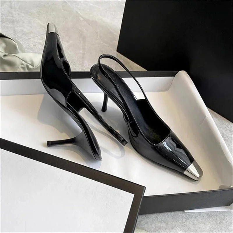 Women's Metal Square Toe Fine Heel With Black Sandals - VAleG