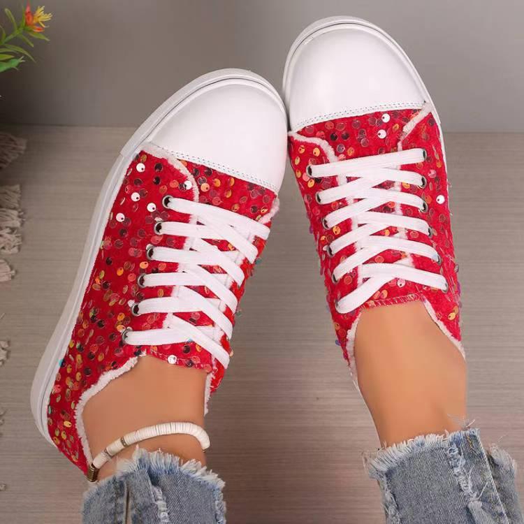 Fashion Round Toe Flat Bottom Lace-up Sequins Casual Pumps - VAleG