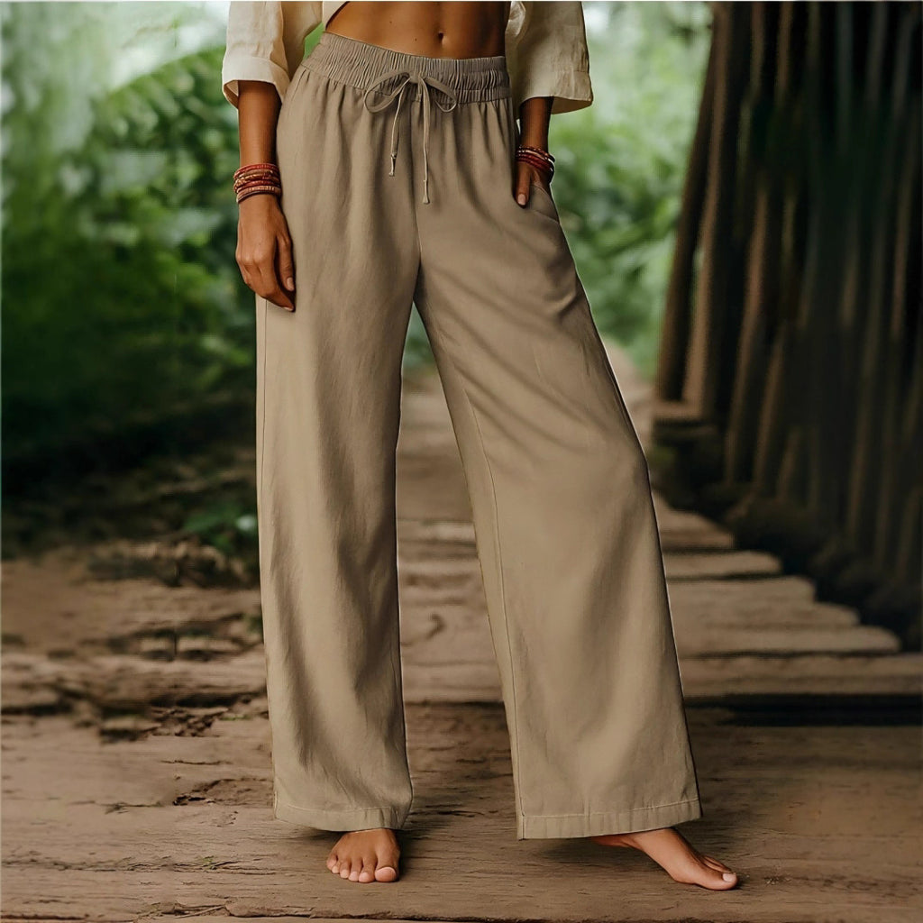 Pantaloni a gamba larga elastici casual in lino di cotone tinta unita