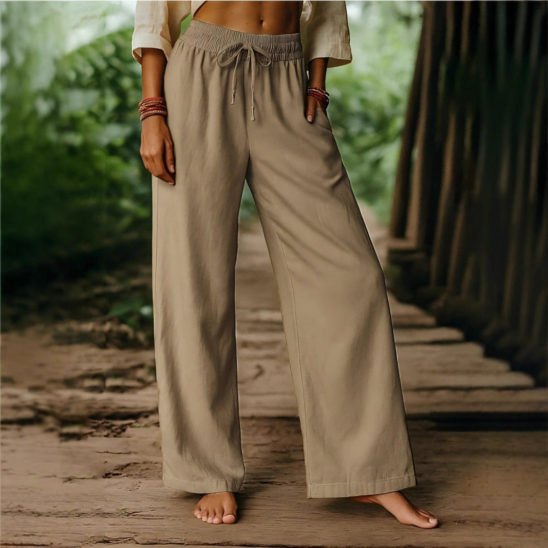 Pantaloni a gamba larga elastici casual in lino di cotone tinta unita