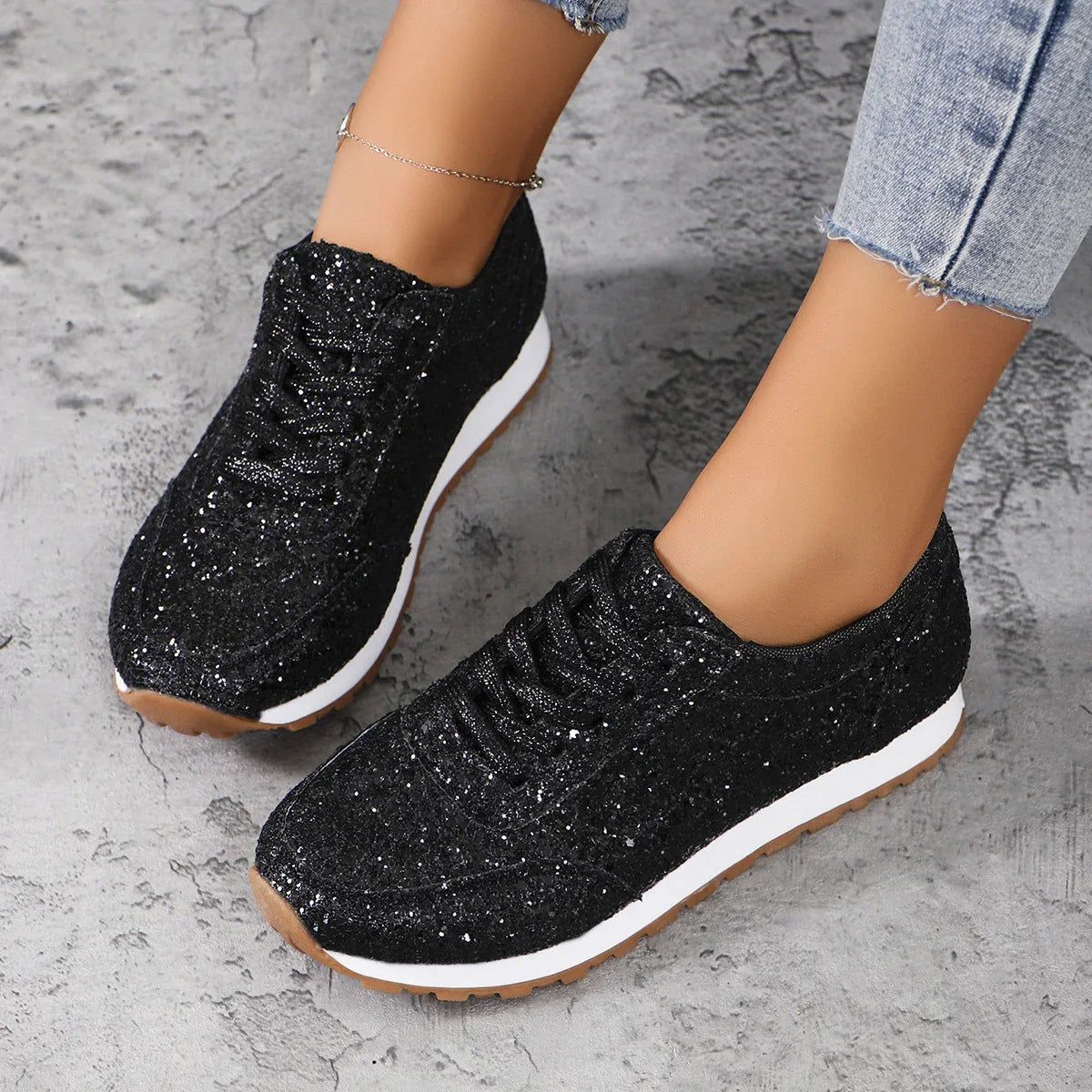 Beautiful Sequin Lace-up Flat Casual Sports Single-layer Shoes Women - VAleG