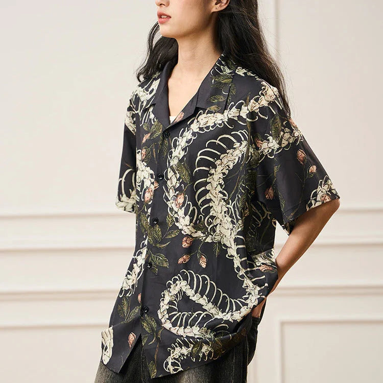 Original Designer Snake Bone Theme Pattern Printed Short Sleeve Cuban Collar Shirt - VAleG