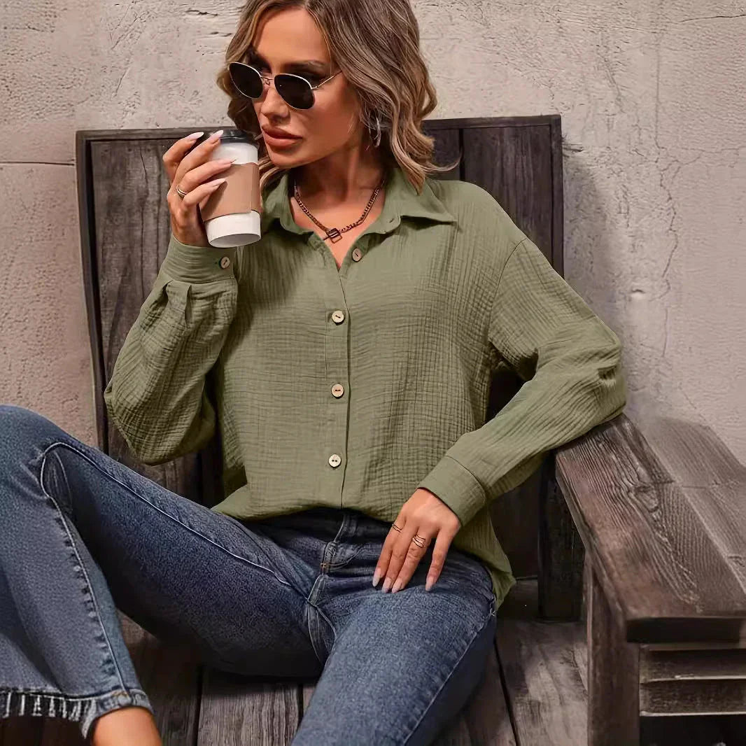 Women's Solid Color Front Button Drop Shoulder Shirt Women's - VAleG