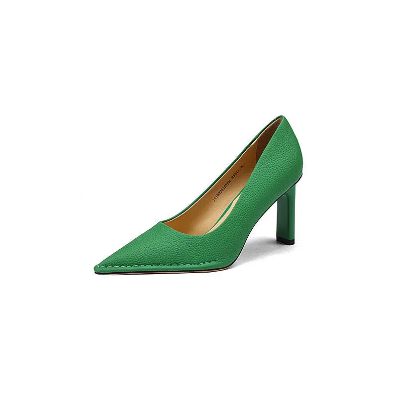 High Heel Shoes Thick High Heel Pointed Cowhide Shallow Mouth Pumps - VAleG