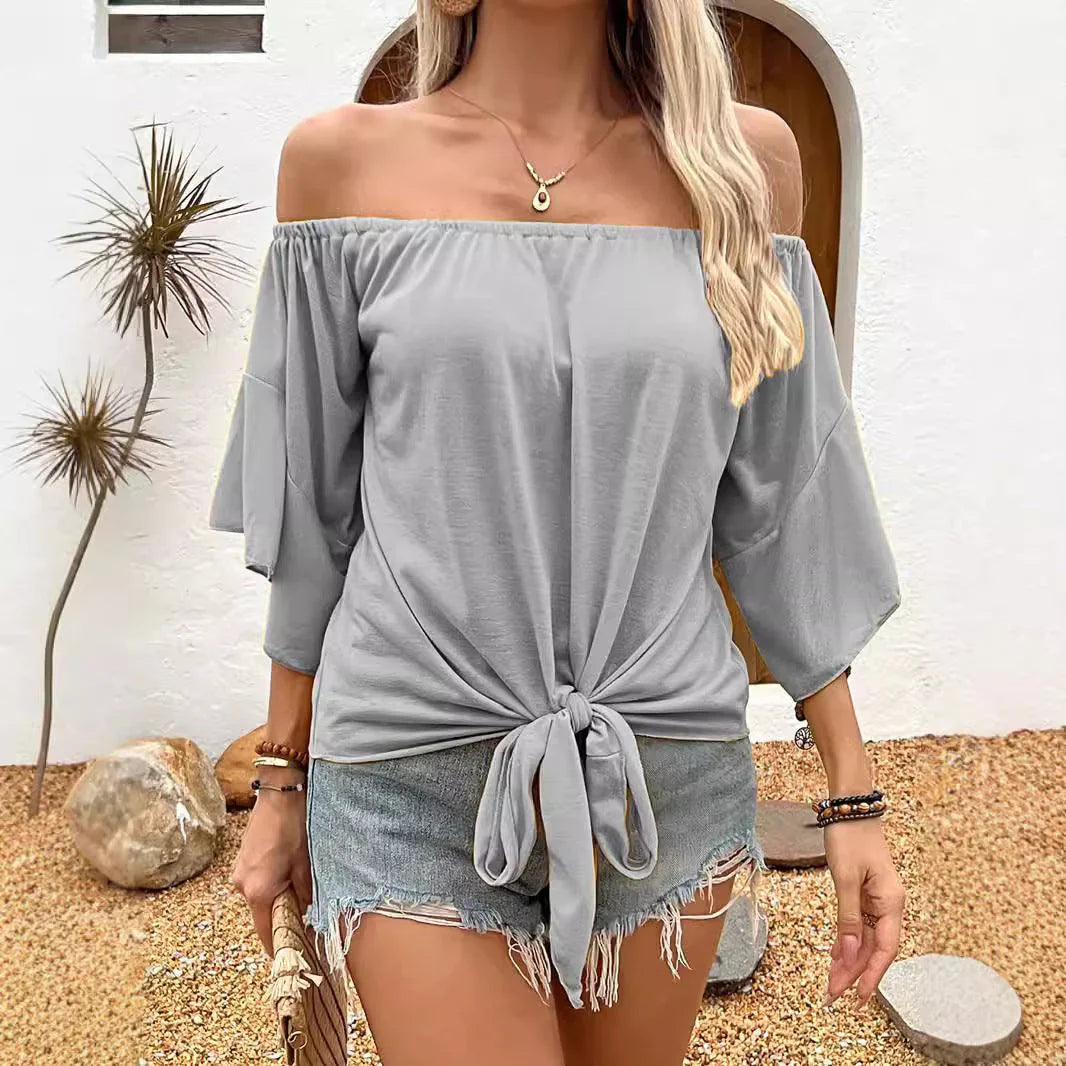 Summer Fall Women's Clothing Solid Color Off-shoulder Casual T-shirt Top - VAleG