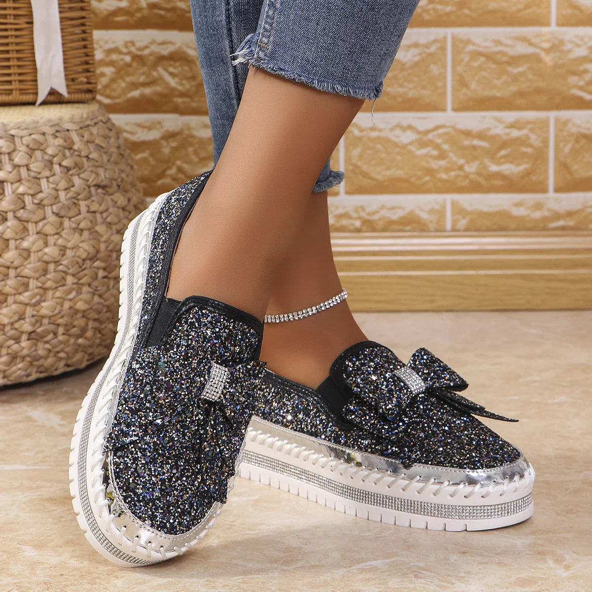 Plus Size Rhinestone Platform Loafers Women - VAleG