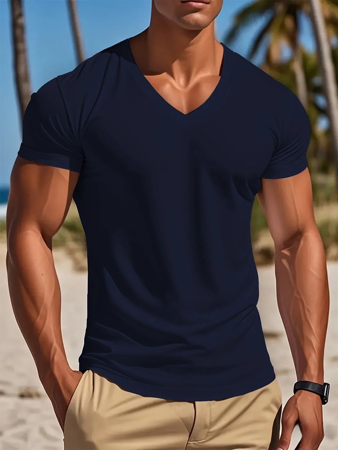 Men's V-neck T-shirt Smooth Black - VAleG