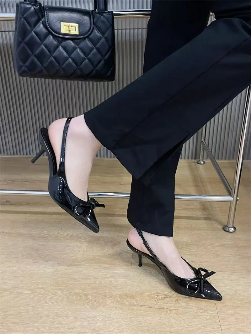 Solid Color Closed Toe Bow Stiletto Heel Pointed-toe Fashion High Heel Sandals For Women - VAleG