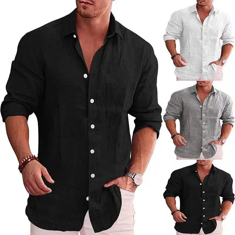 Men's Loose Plus Size Solid Color Shirt Linen Lapel Long Sleeve Casual Shirt - VAleG