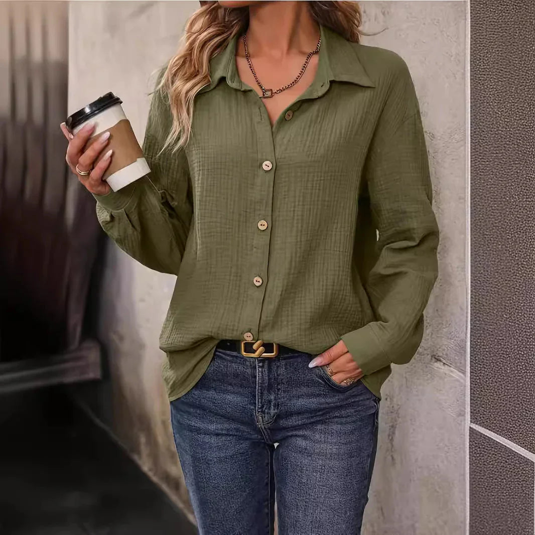 Women's Solid Color Front Button Drop Shoulder Shirt Women's - VAleG