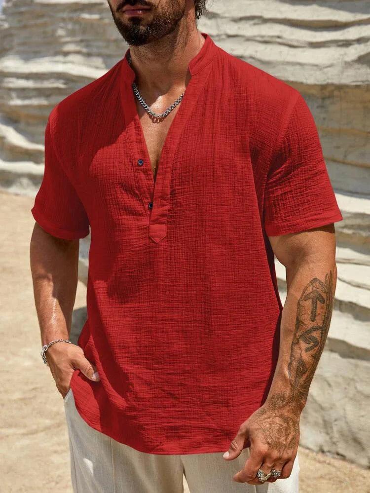 Men's Single-layer Solid Color Breathable Stand Collar Short-sleeved Shirt - VAleG