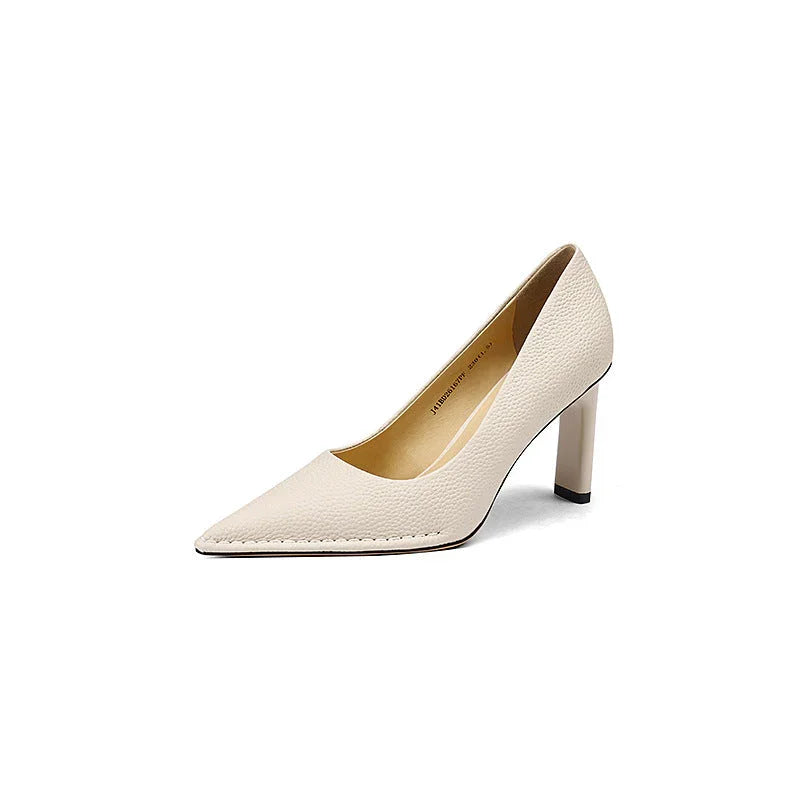 High Heel Shoes Thick High Heel Pointed Cowhide Shallow Mouth Pumps - VAleG