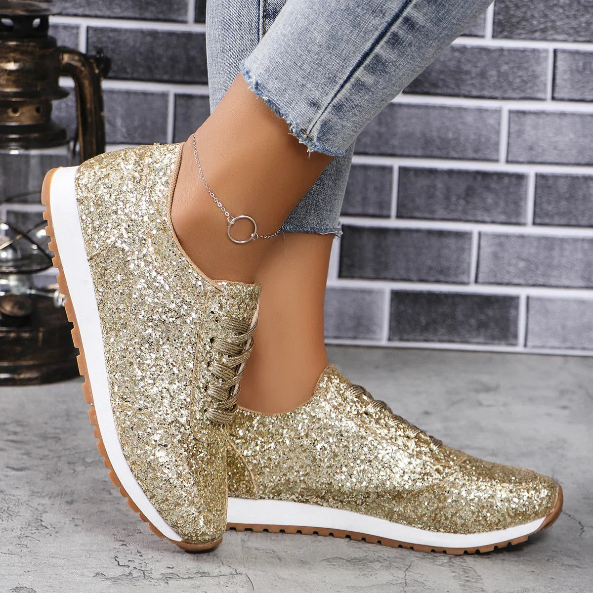 Beautiful Sequin Lace-up Flat Casual Sports Single-layer Shoes Women - VAleG