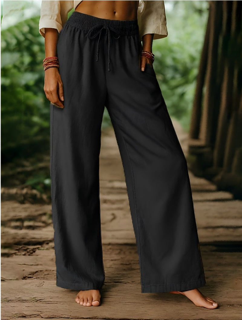 Pantaloni a gamba larga elastici casual in lino di cotone tinta unita