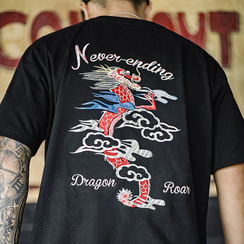 American Retro Dragon Ziling Machine Embroidery T-shirt - VAleG