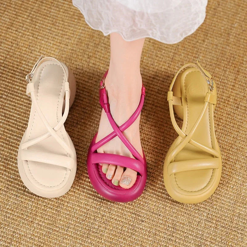Round Head Chunky Heel Fashion Thin Strap Woven Sandals - VAleG