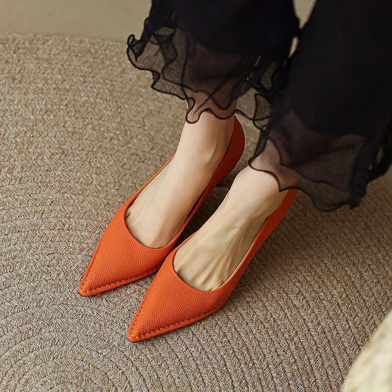 High Heel Shoes Thick High Heel Pointed Cowhide Shallow Mouth Pumps - VAleG