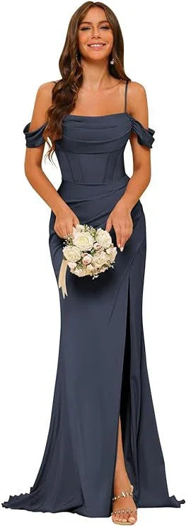 Off-the-shoulder Satin Bridesmaid Corset Ball Gown - VAleG