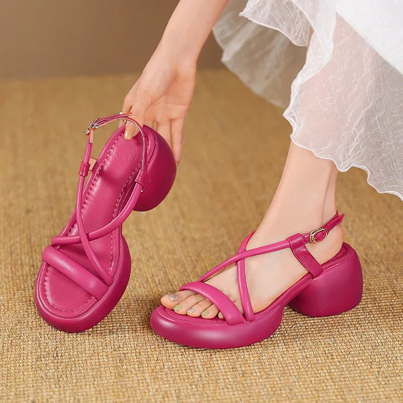 Round Head Chunky Heel Fashion Thin Strap Woven Sandals - VAleG