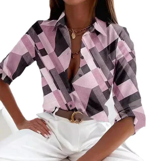 Long Sleeve Button Loose Geometric Digital Printing Shirt - VAleG