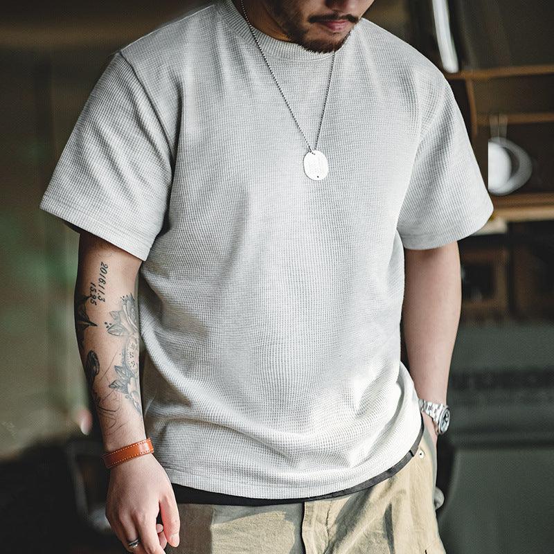 Waffle Round Neck Knitted Short Sleeve T-shirt Half Sleeve Bottoming Shirt - VAleG