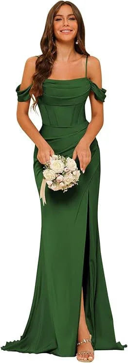 Off-the-shoulder Satin Bridesmaid Corset Ball Gown - VAleG