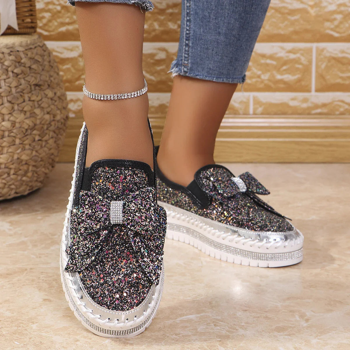 Plus Size Rhinestone Platform Loafers Women - VAleG