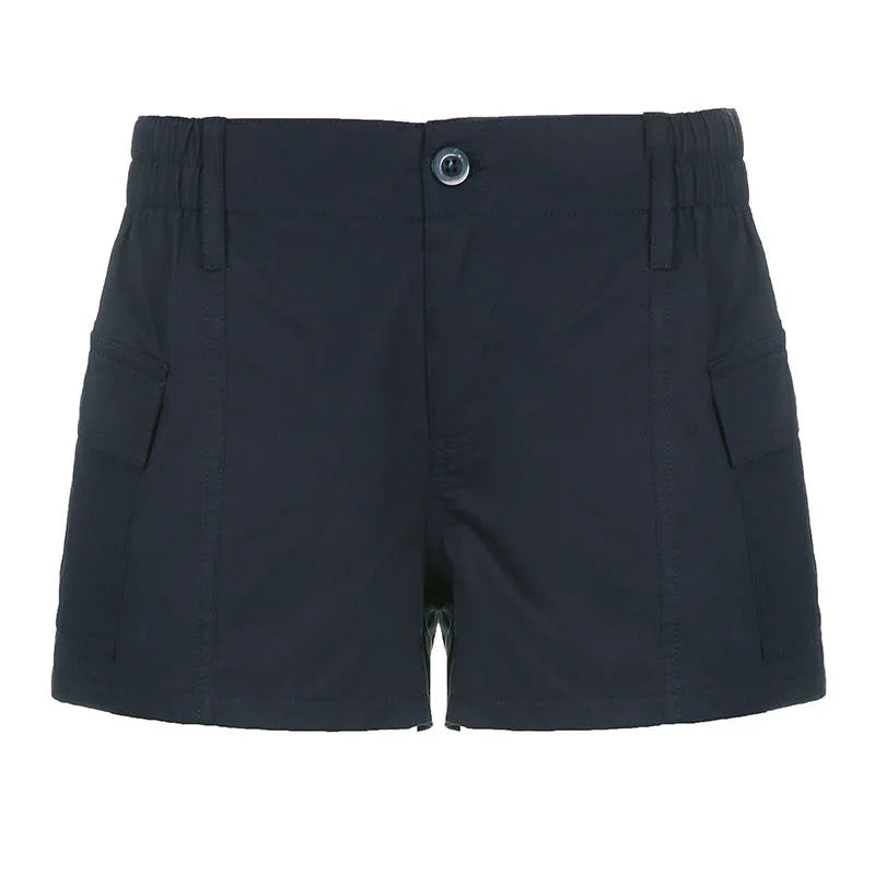 Leisure Cargo Woven Pants Elastic Waist Button Asymmetric Pocket Solid Color Low Waist Shorts - VAleG