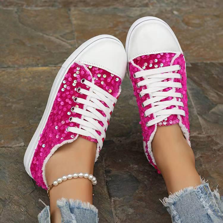 Fashion Round Toe Flat Bottom Lace-up Sequins Casual Pumps - VAleG