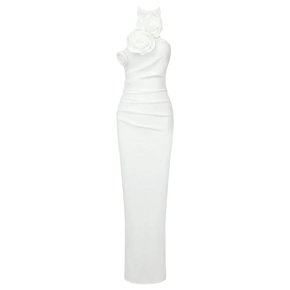 New Style White Ribbon Flower Halter Long High Sense Dress - VAleG