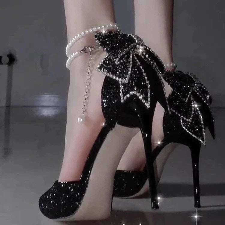Pointed Toe Shallow Mouth Black Paillette Bow High Heels For Women - VAleG