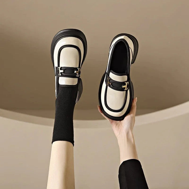 Chunky Heel Fashion Round Toe All-matching Casual Leather Shoes - VAleG
