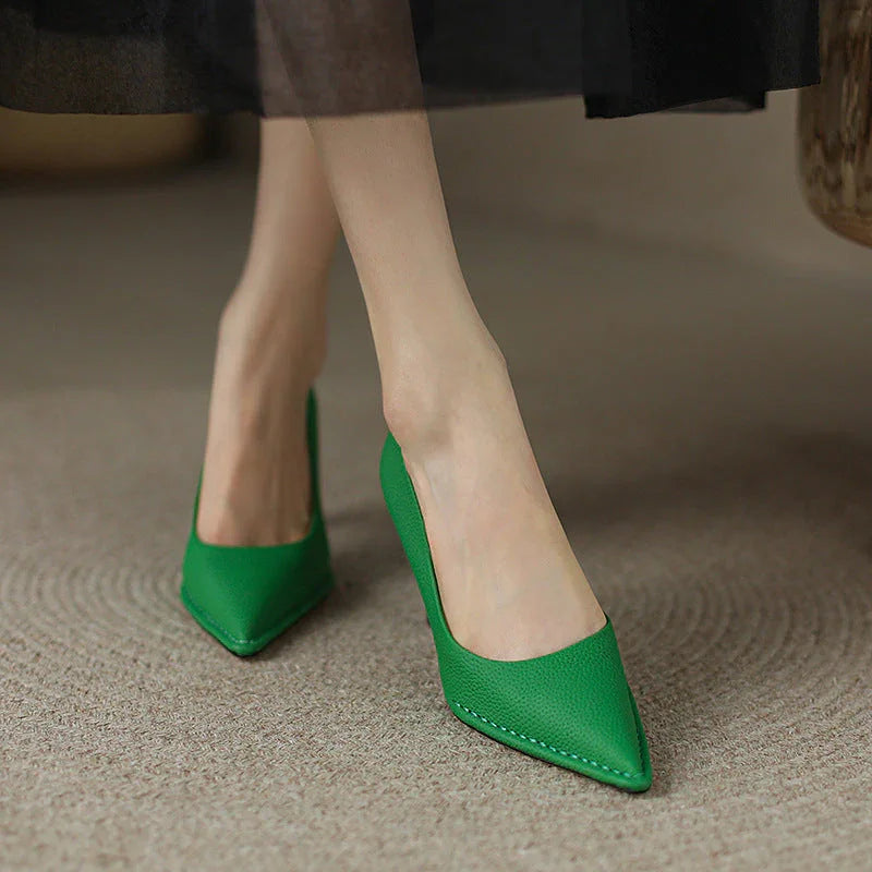 High Heel Shoes Thick High Heel Pointed Cowhide Shallow Mouth Pumps - VAleG
