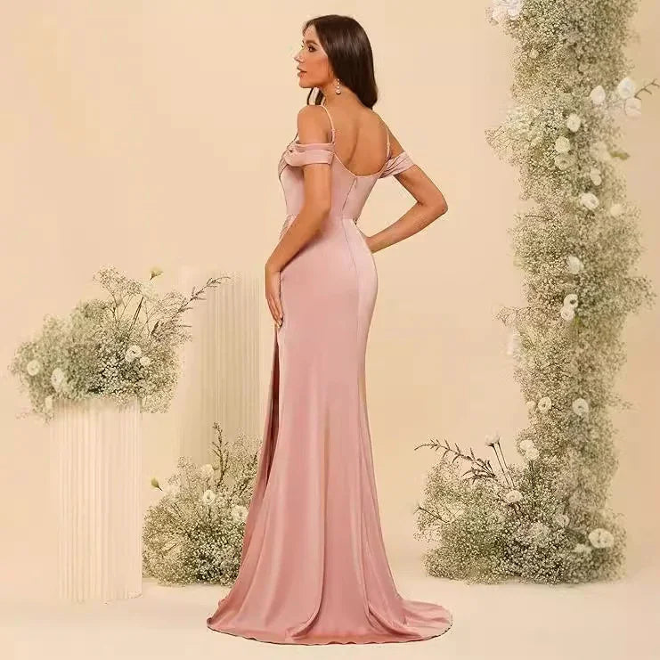 Off-the-shoulder Satin Bridesmaid Corset Ball Gown - VAleG