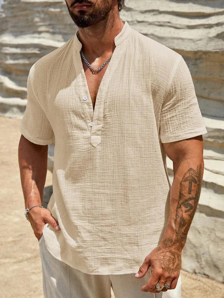 Men's Single-layer Solid Color Breathable Stand Collar Short-sleeved Shirt - VAleG