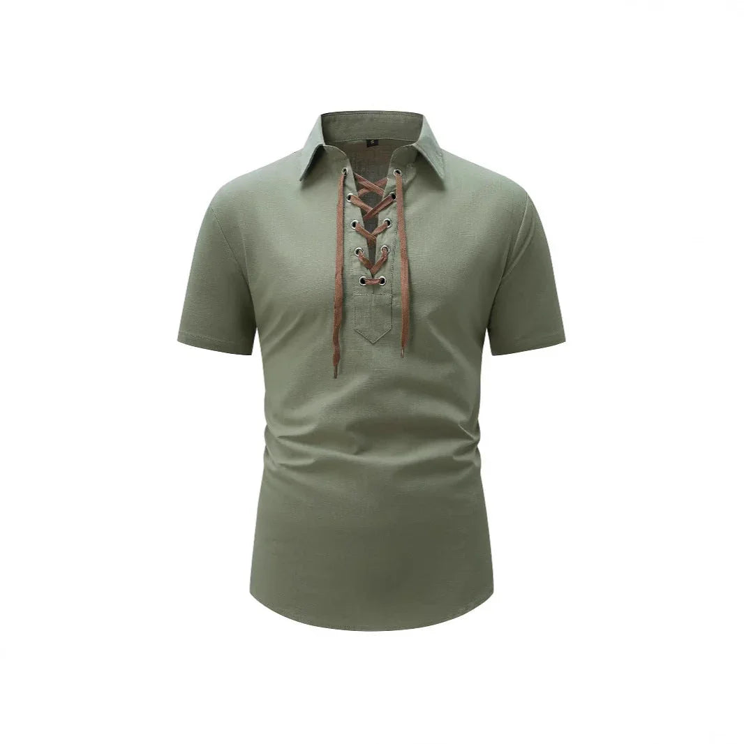 European And American Men's Cotton And Linen Lapel Loose V-neck Lace Shirt - VAleG