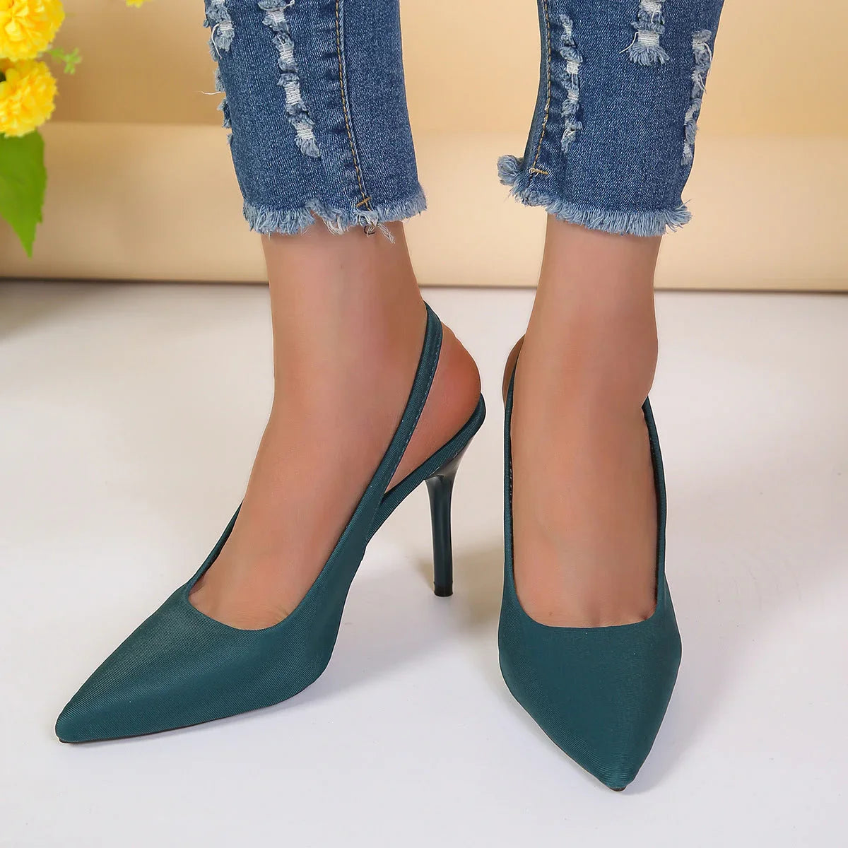High Heel Sandals Closed Toe Back Empty Back Strap Shallow Mouth - VAleG