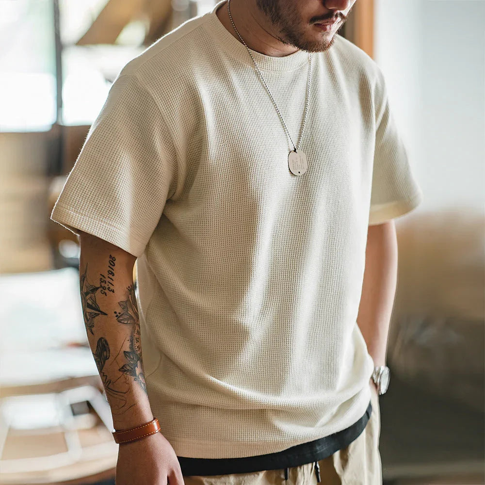 Waffle Round Neck Knitted Short Sleeve T-shirt Half Sleeve Bottoming Shirt - VAleG
