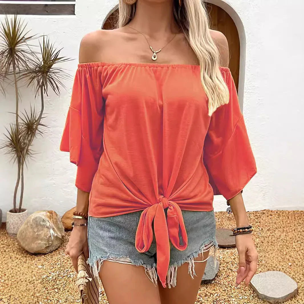 Summer Fall Women's Clothing Solid Color Off-shoulder Casual T-shirt Top - VAleG