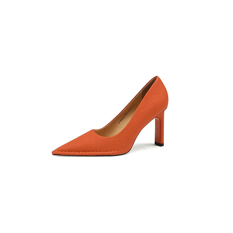 High Heel Shoes Thick High Heel Pointed Cowhide Shallow Mouth Pumps - VAleG