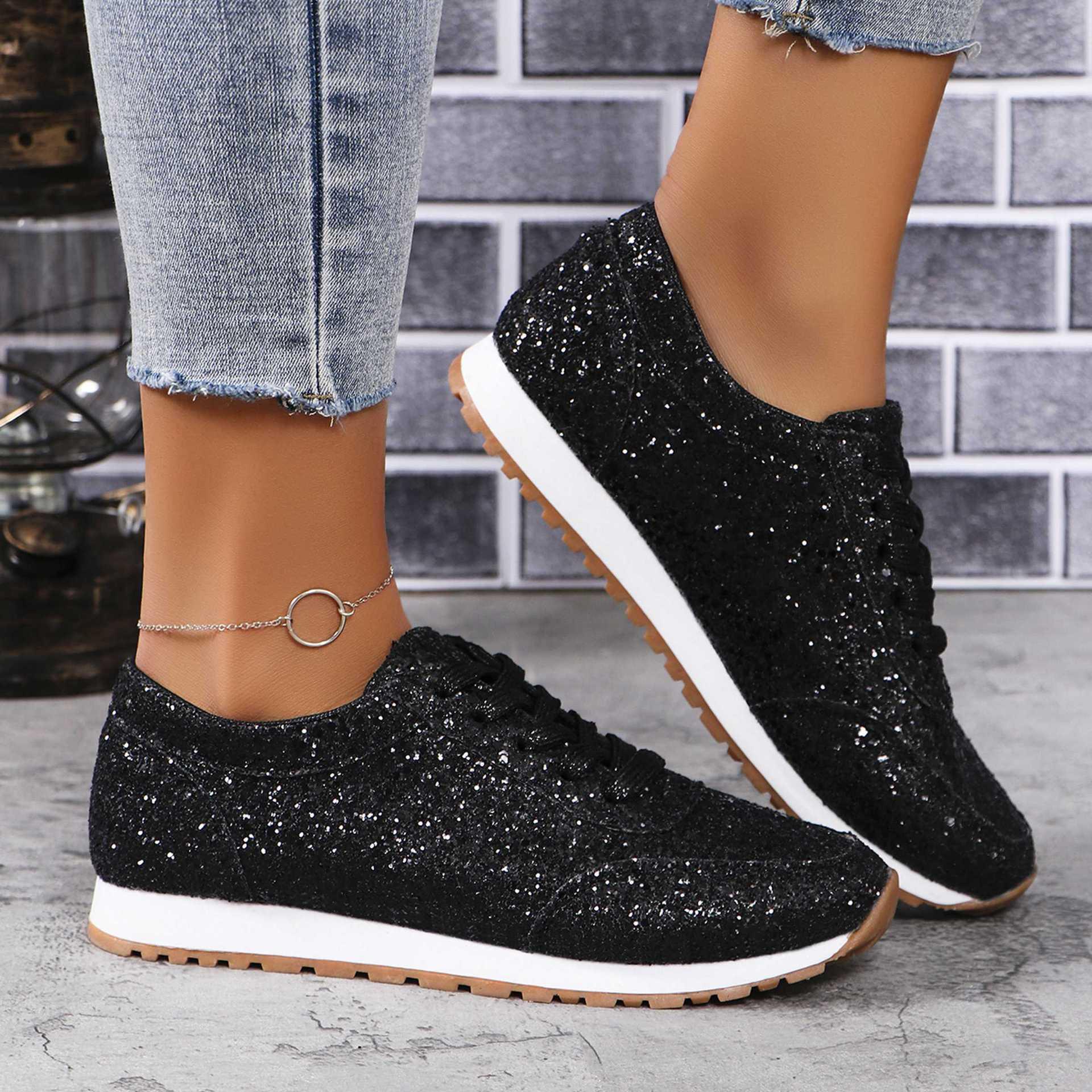 Beautiful Sequin Lace-up Flat Casual Sports Single-layer Shoes Women - VAleG