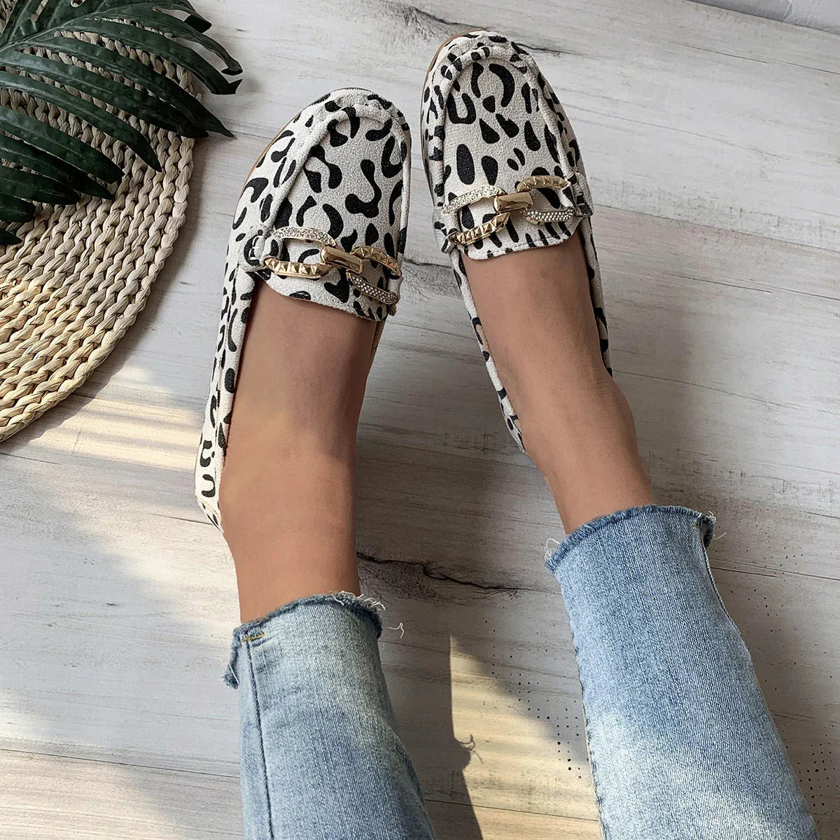Chain Low-cut Flat Leopard Print Pumps Women - VAleG