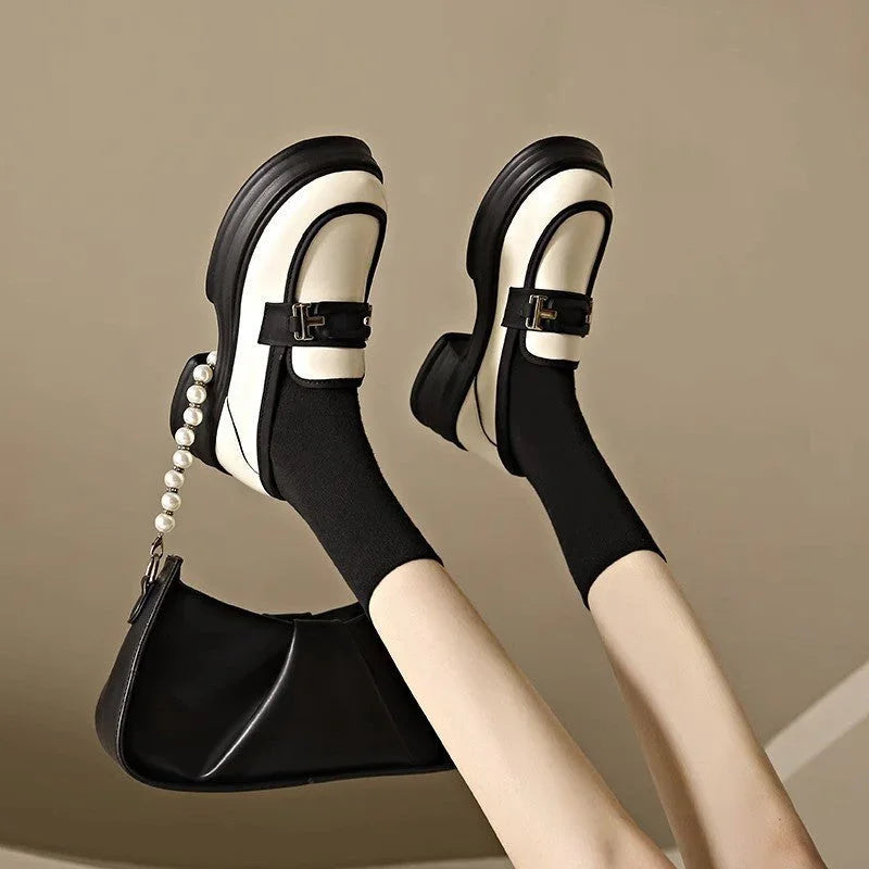 Chunky Heel Fashion Round Toe All-matching Casual Leather Shoes - VAleG