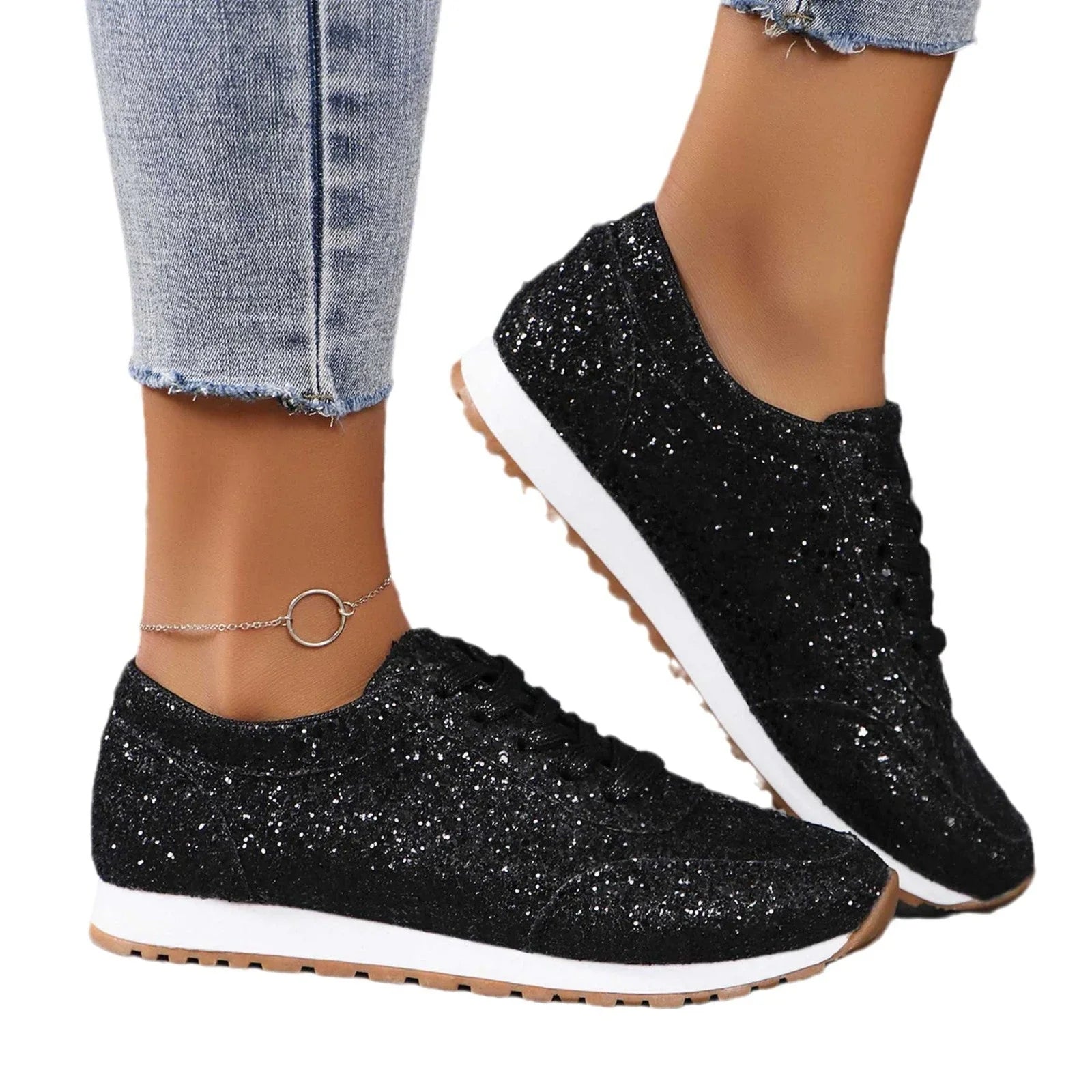 Beautiful Sequin Lace-up Flat Casual Sports Single-layer Shoes Women - VAleG