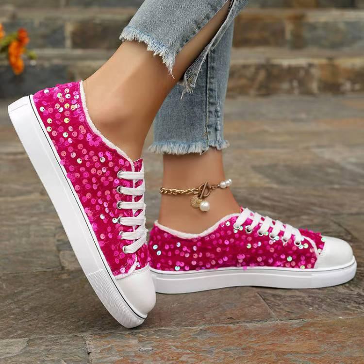 Fashion Round Toe Flat Bottom Lace-up Sequins Casual Pumps - VAleG