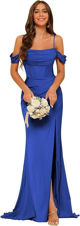 Off-the-shoulder Satin Bridesmaid Corset Ball Gown - VAleG