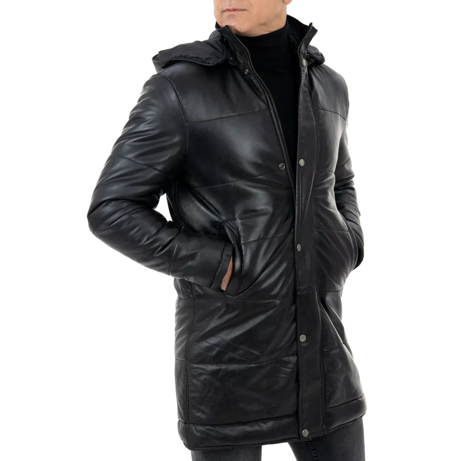 Piumino Giacca In Vera Pelle Nera Uomo Lungo Slim Cappuccio Con Cerniera Removibile Rindway